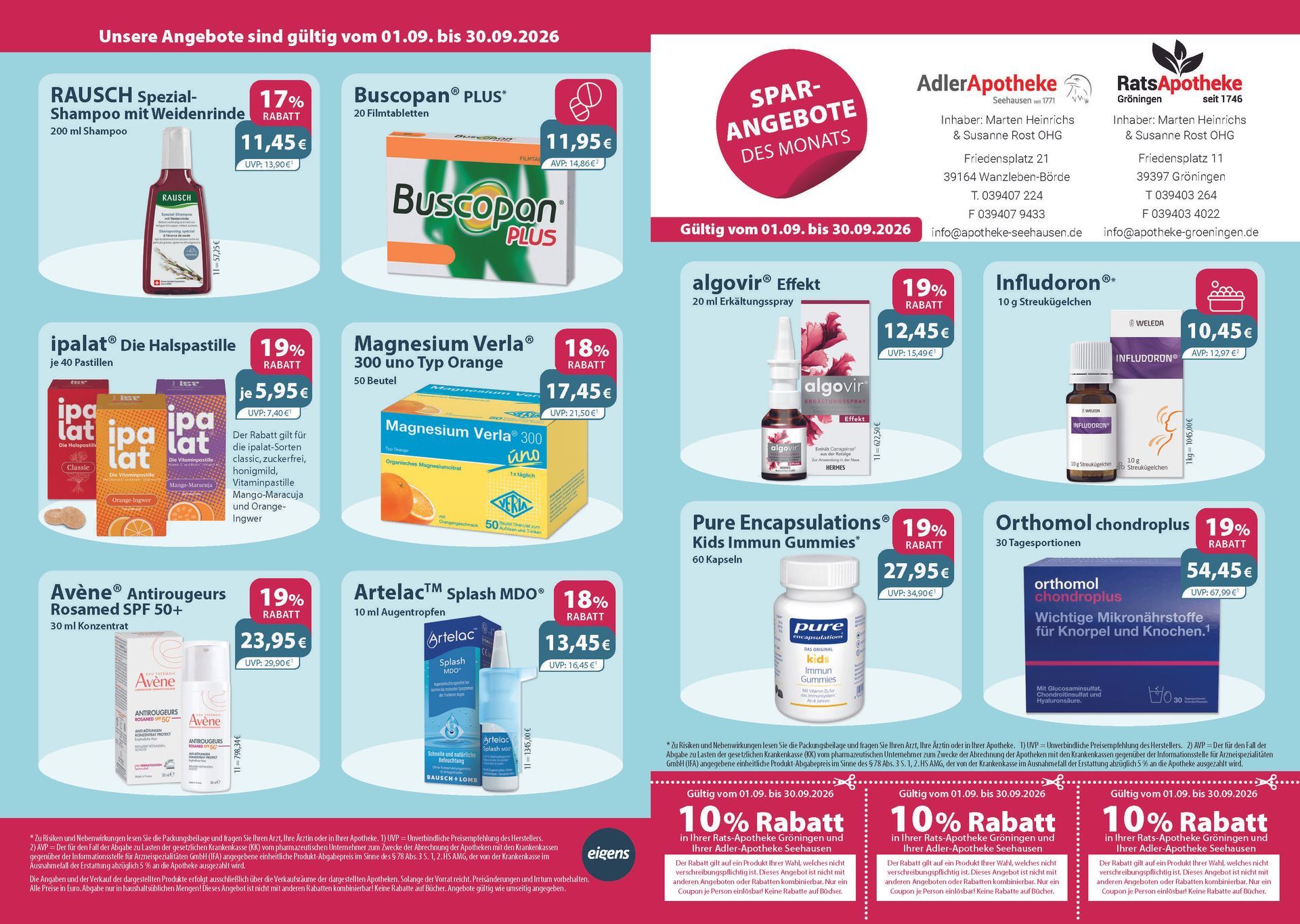 Ein Flyer für eine Apotheke mit einem Bild von einem Strand und Sonnenschirmen.