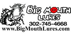 A logo for big mouth lures with a picture of a fish and a website.