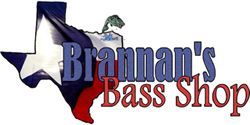 The logo for brannan 's bass shop is a texas flag with a fish on it.