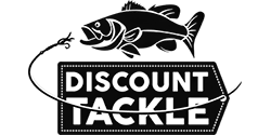 A black and white logo for discount tackle with a fish on a hook.