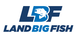 A blue and white logo for land big fish with a fish on it.
