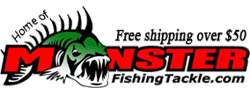 A logo for monster fishing tackle with a fish on it
