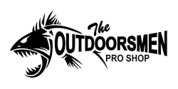 A black and white logo for the outdoormen pro shop with a fish on it.