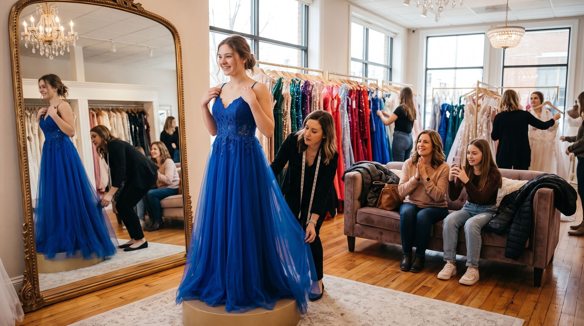Woman in a blue gown posing in a boutique, with a mirror reflection and friends seated nearby.