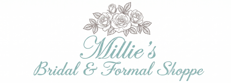 Millie&rsquo;s Bridal & Formal Shoppe logo with floral design in pale teal and gray