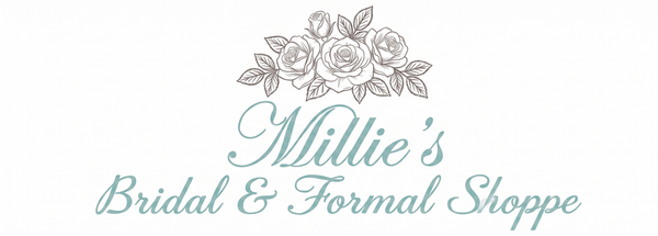 Millie&rsquo;s Bridal & Formal Shoppe logo with floral design in pale teal and gray
