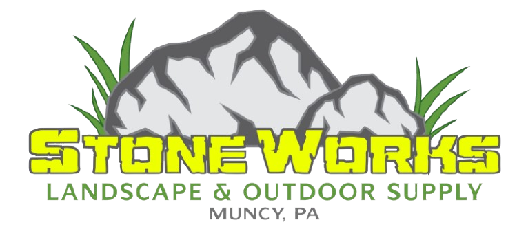Stone Works Landscape & Outdoor Supply logo with gray mountains and yellow text, Muncy, PA