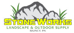 Stone Works Landscape & Outdoor Supply logo with gray mountains and yellow text, Muncy, PA