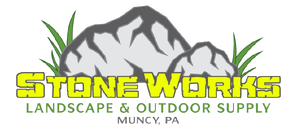 Stone Works Landscape & Outdoor Supply logo with gray mountains and yellow text, Muncy, PA
