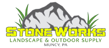 Stone Works Landscape & Outdoor Supply logo with gray mountains and yellow text, Muncy, PA