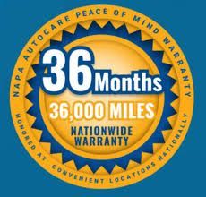 Blue and yellow NAPA 36-month, 36,000-mile nationwide warranty badge