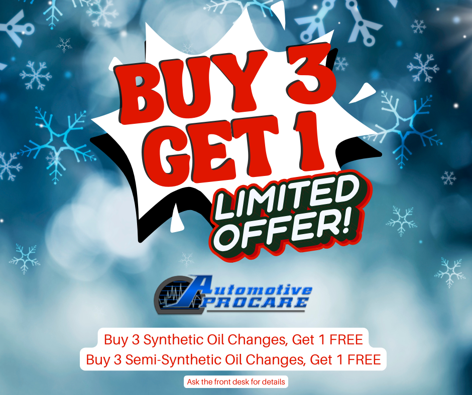 Blue automotive promo ad reading “Buy 3 Get 1 Free” with “Limited Offer” and oil change details