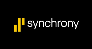 Synchrony logo in white text with yellow vertical bars on a black background