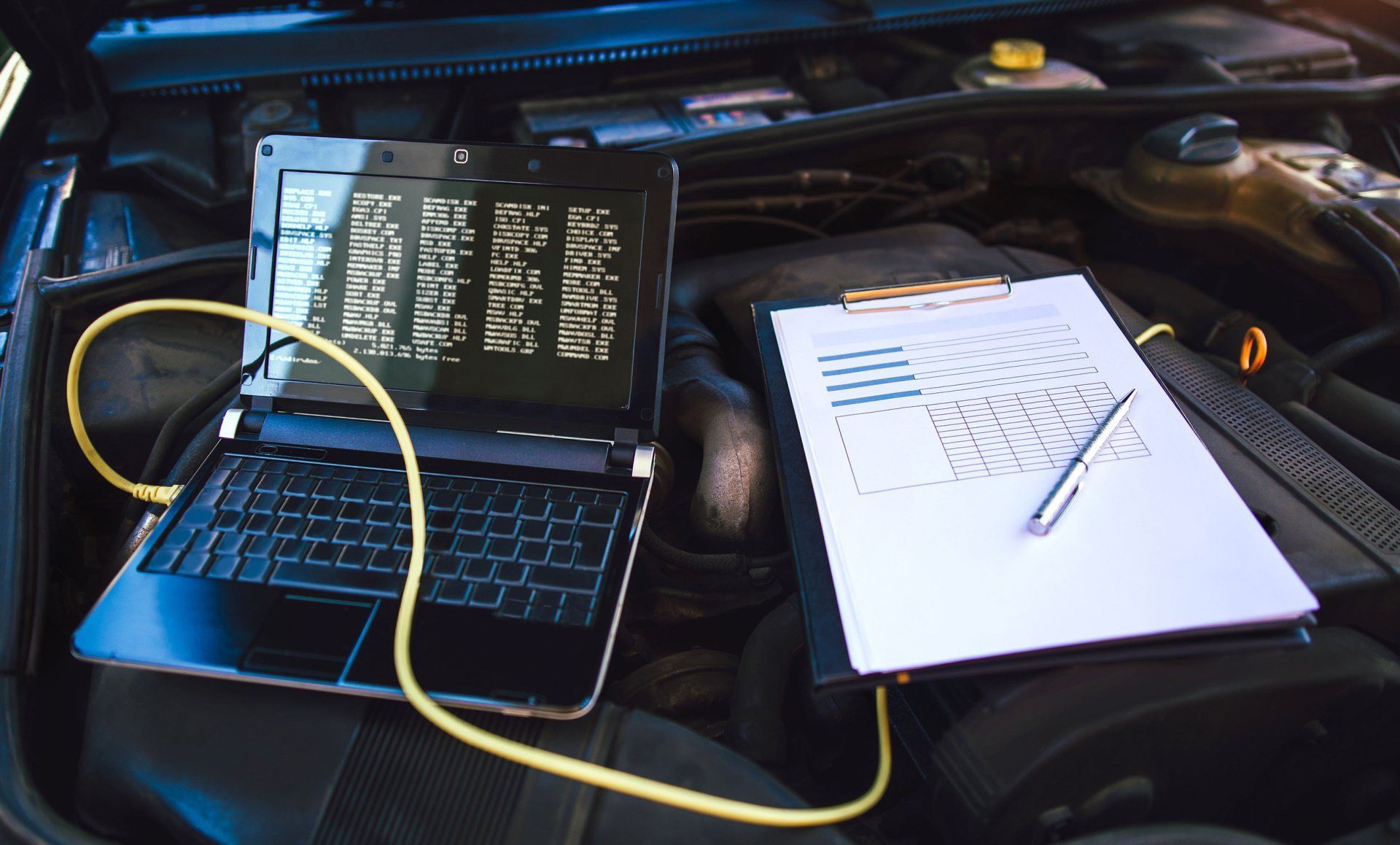 Laptop and clipboard with papers inside a vehicle, connected by a yellow cable to a screen showing data.