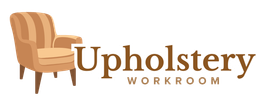Upholstery Workroom logo with tan armchair icon and brown text on white background