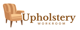 Upholstery Workroom logo with tan armchair icon and brown text on white background
