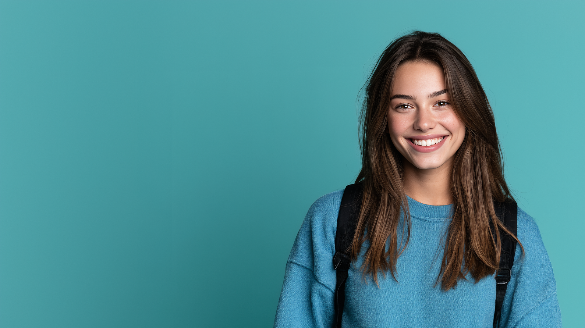 Smiling person in a blue sweater against a teal background