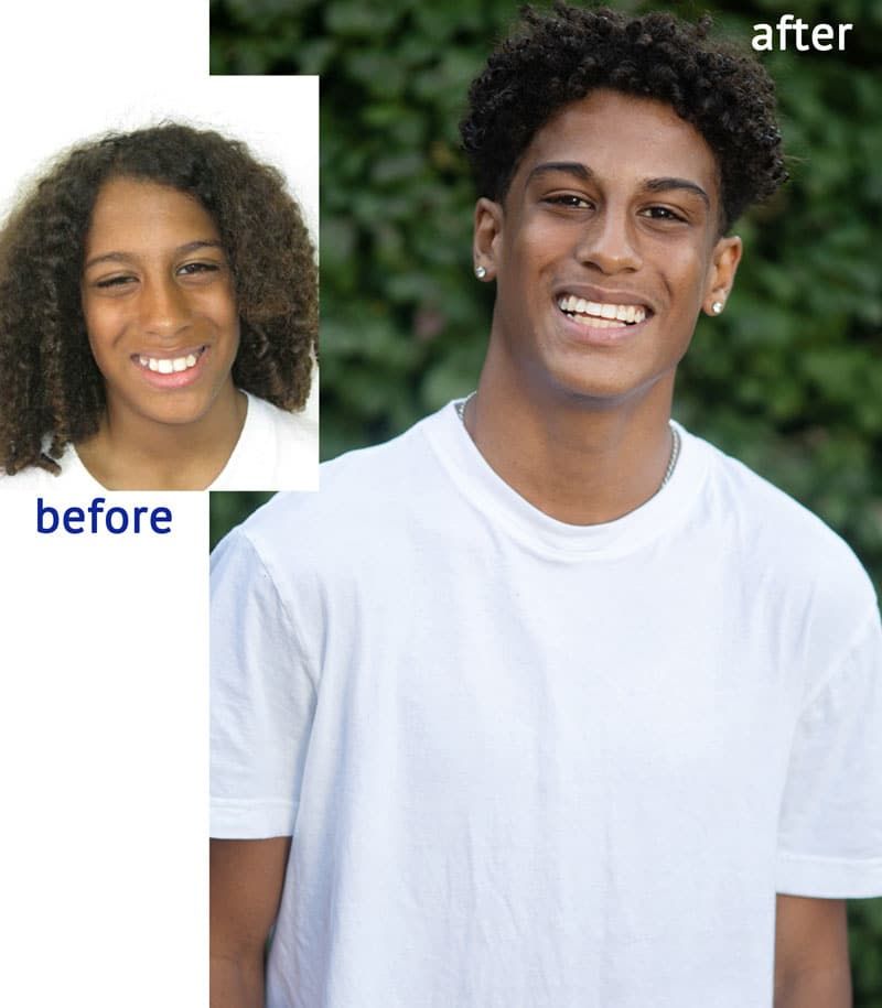 Before-and-after of a young man with curly hair and a white shirt. The 