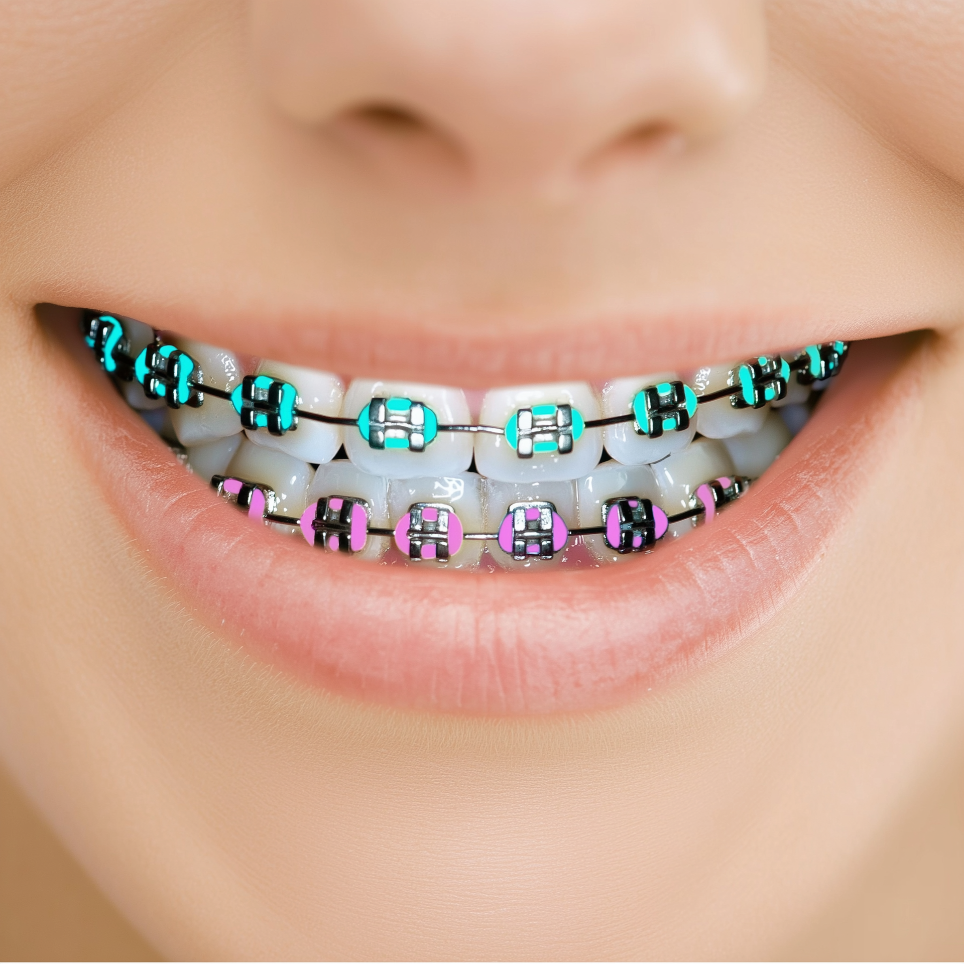 Close-up of a smiling mouth with braces, showing teal and pink colored bands on the teeth.
