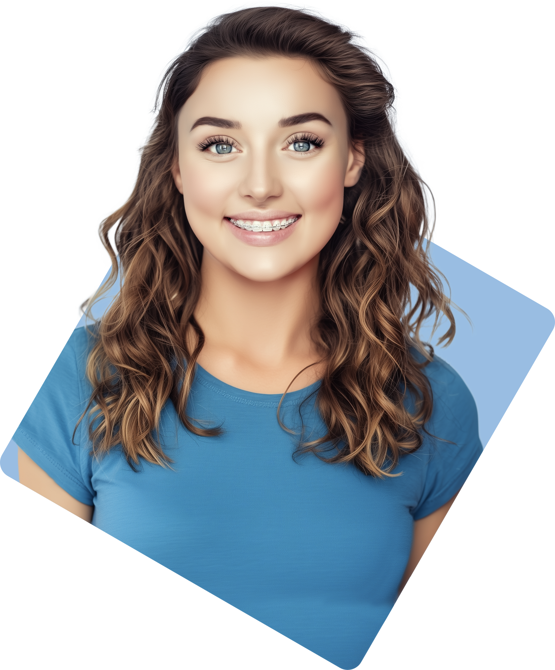 Woman with brown curly hair smiles, wearing a blue shirt against a blue background.