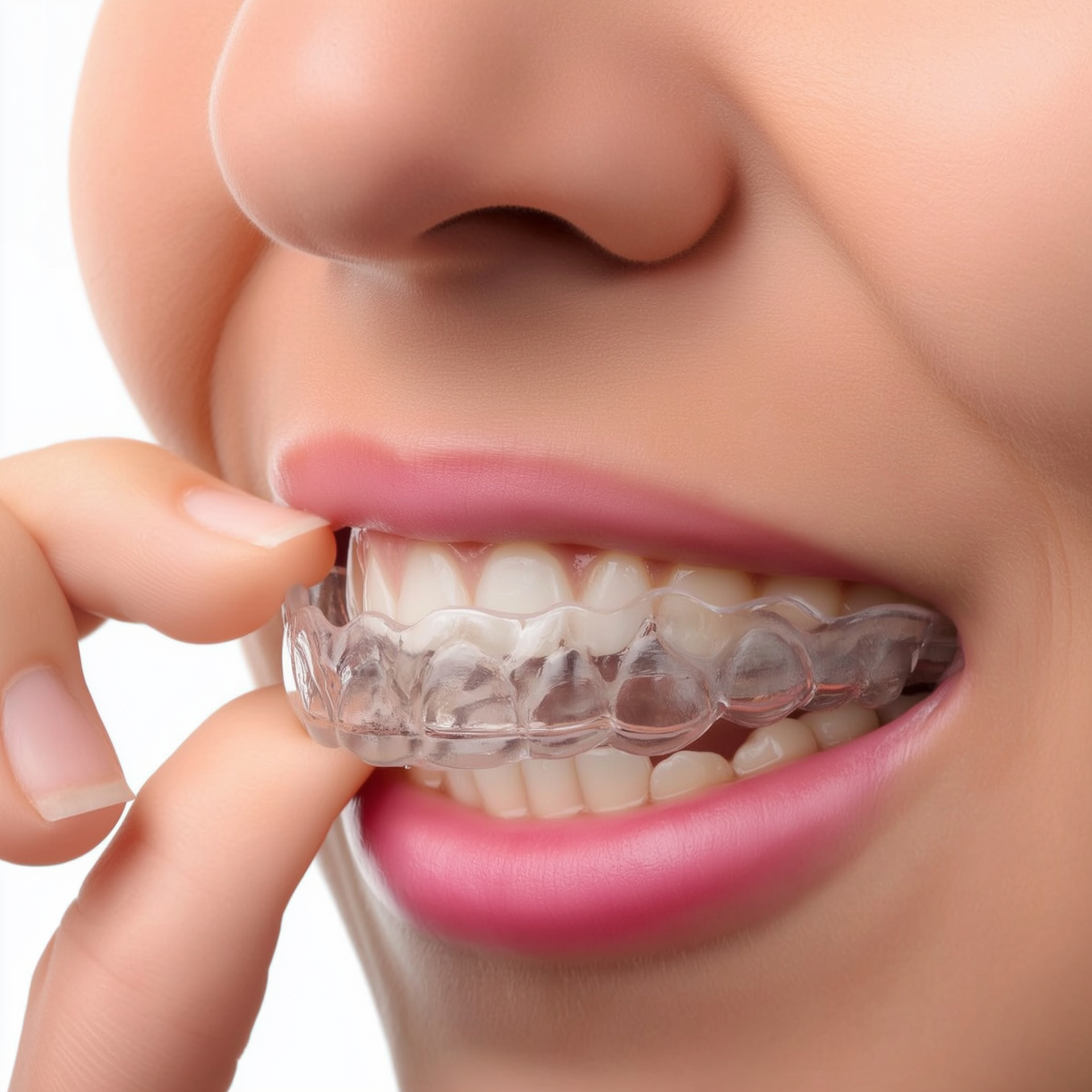Person inserting clear aligner into mouth, smiling slightly.