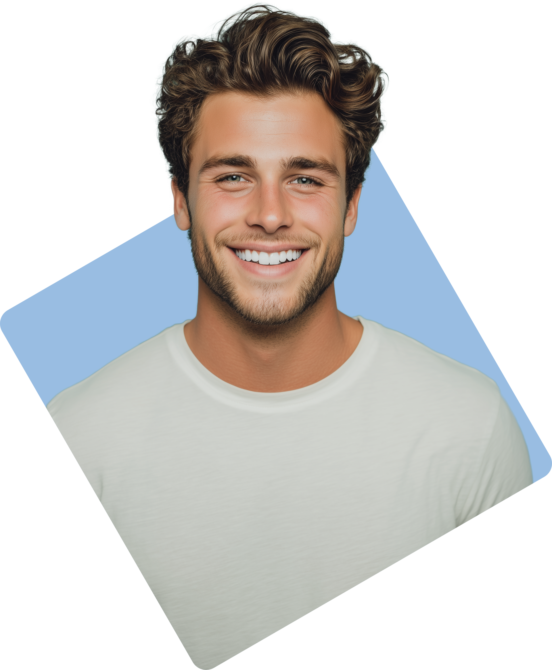 Man with curly brown hair, smiling, wearing a white shirt, on a blue background.