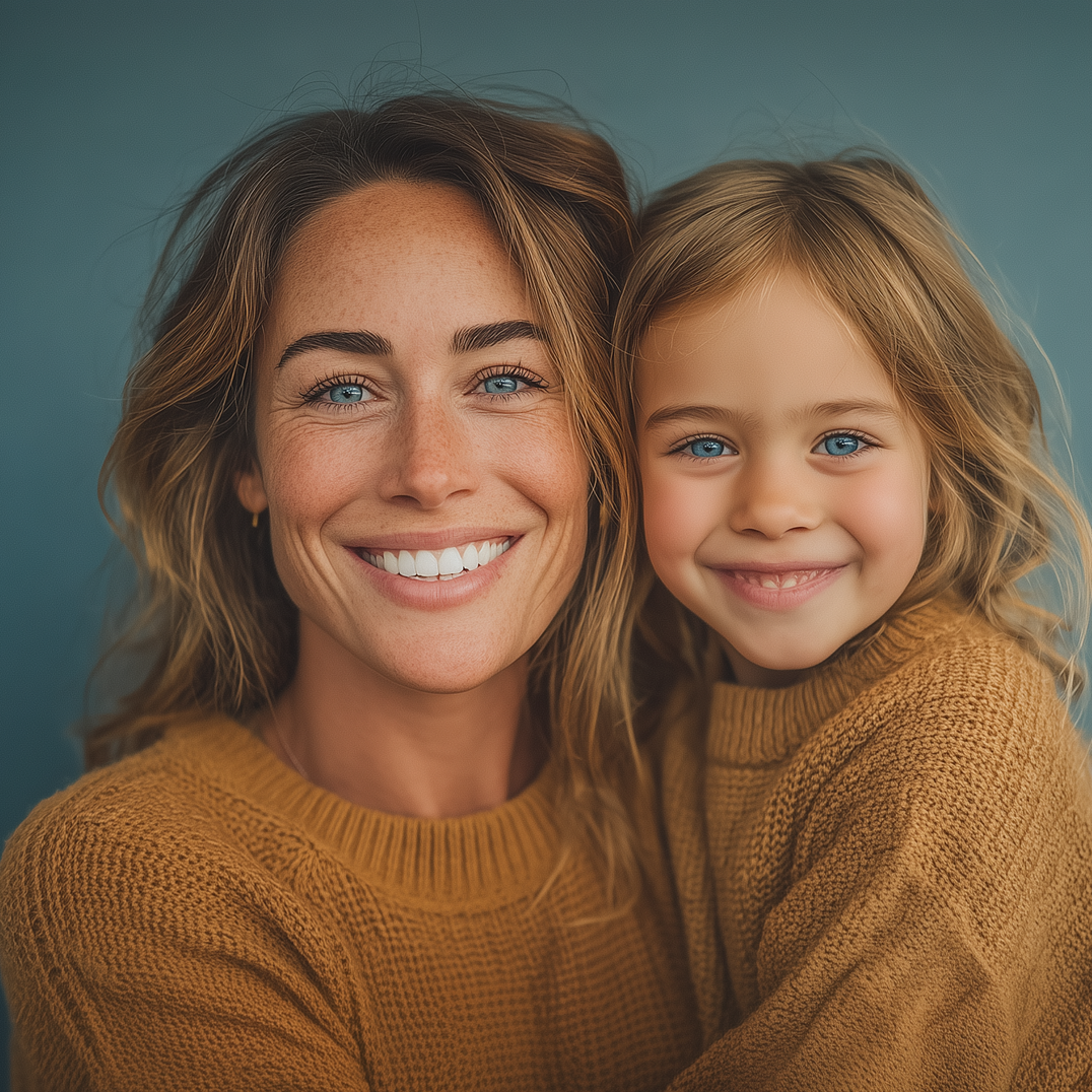 Two smiling people in matching brown sweaters posing closely against a soft blue background