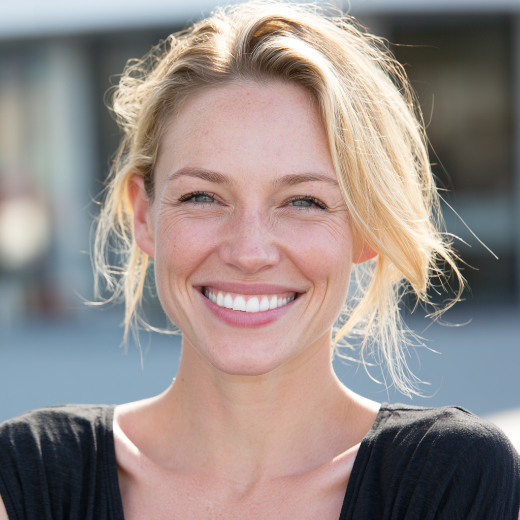 Smiling blonde woman outdoors against a blurred building background