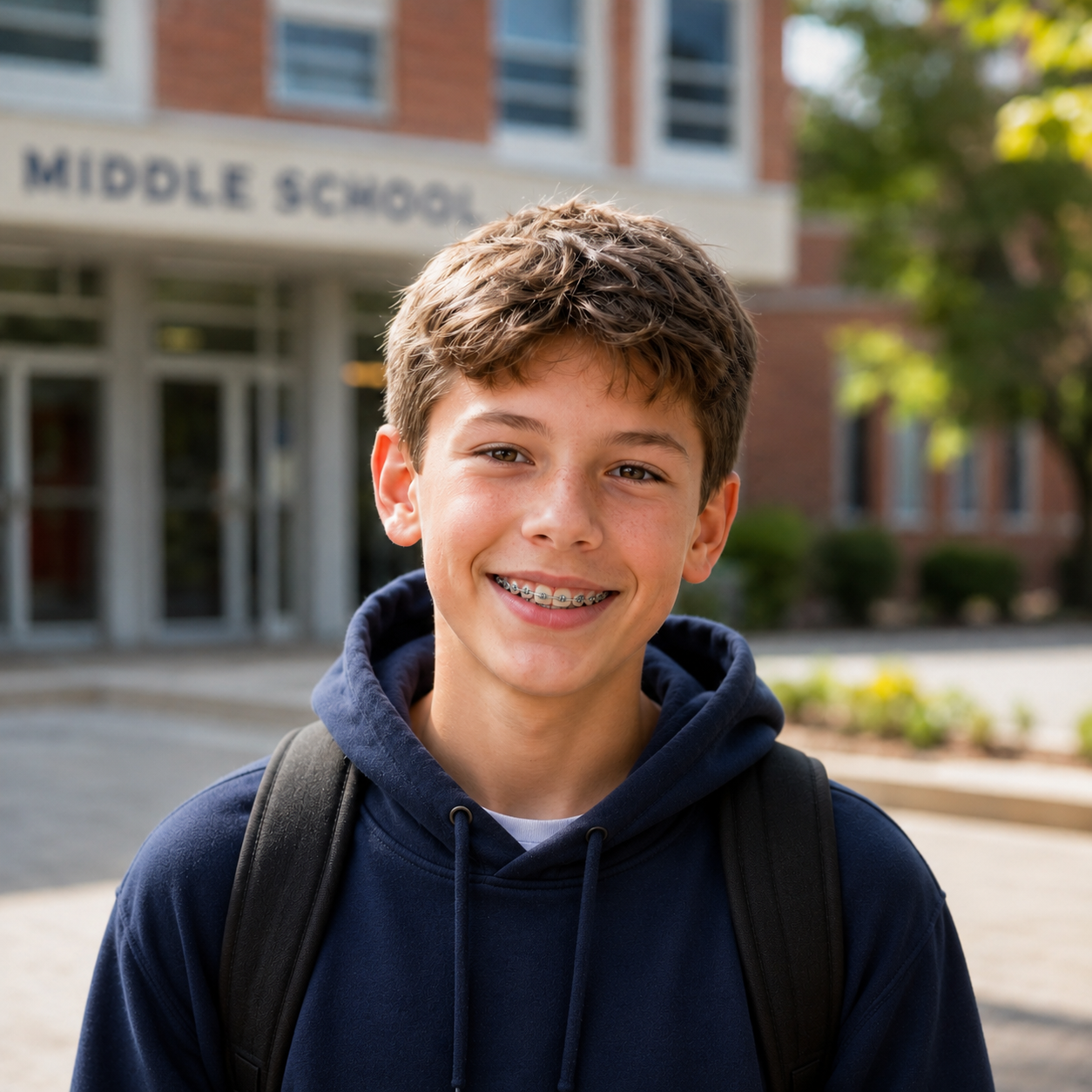 Smiling student with backpack standing outside a middle school building