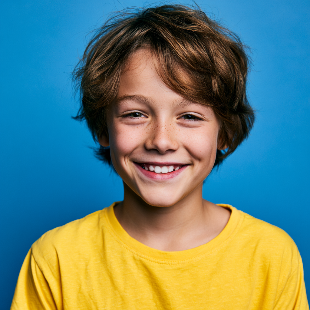 Smiling child in a yellow shirt against a bright blue background