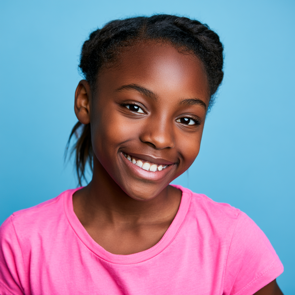 Smiling child in a bright pink shirt against a blue background