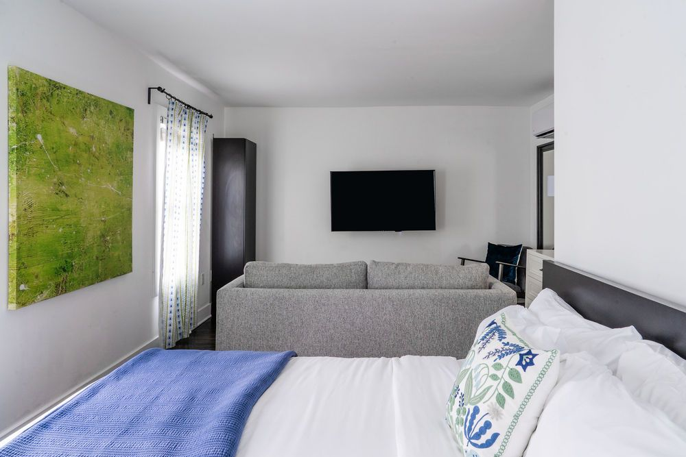 Bedroom and living area with white walls, bed, couch, desk, TV, and abstract art.
