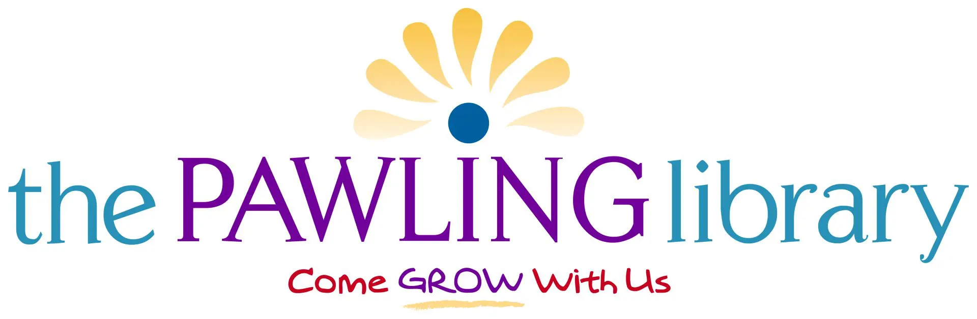 Logo for the Pawling Library featuring a flower, text, and the tagline 