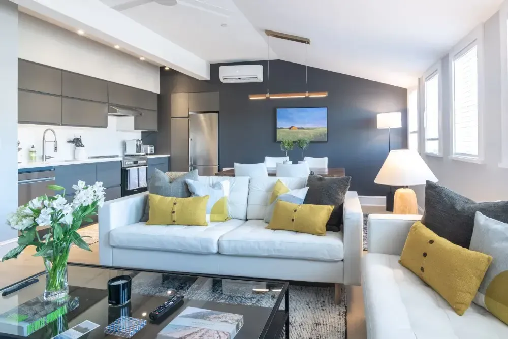 Open-plan living space with kitchen and seating area.