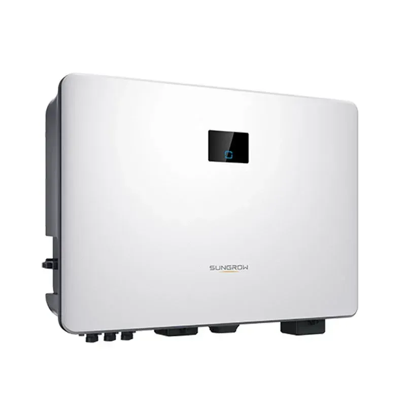 A white solar inverter with a digital display on it.