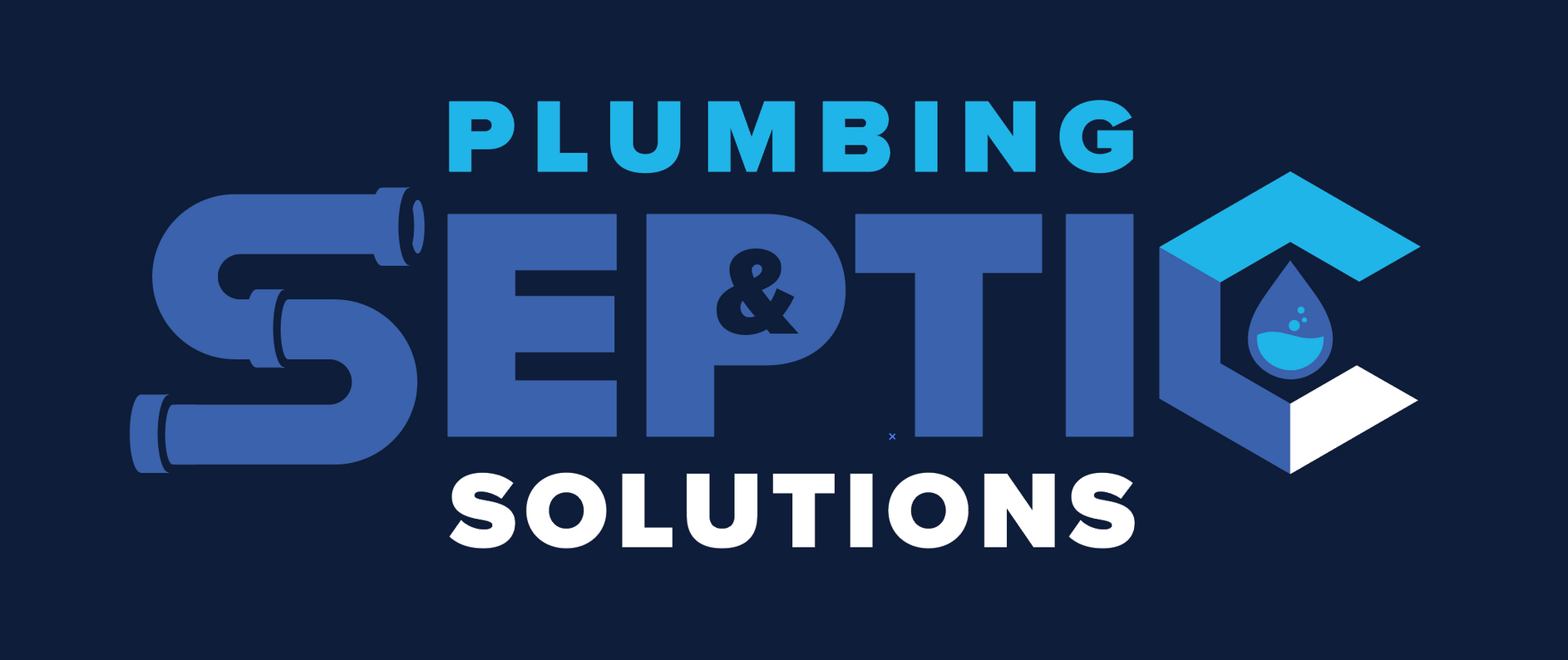 The logo for plumbing and septic solutions shows a pipe and a drop of water.