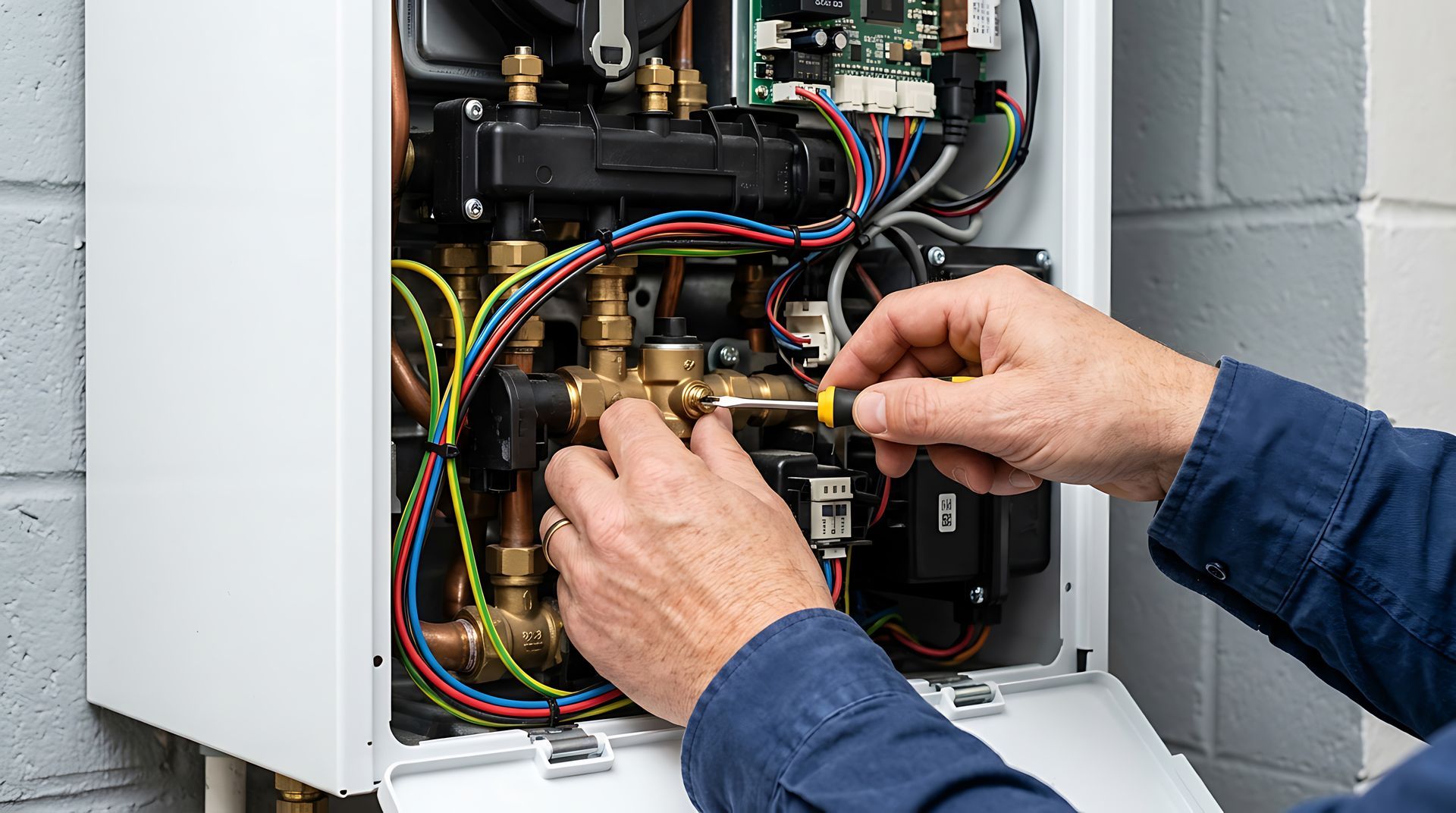 Plumber tightening a brass valve inside an open tankless unit during a water heater system repair.