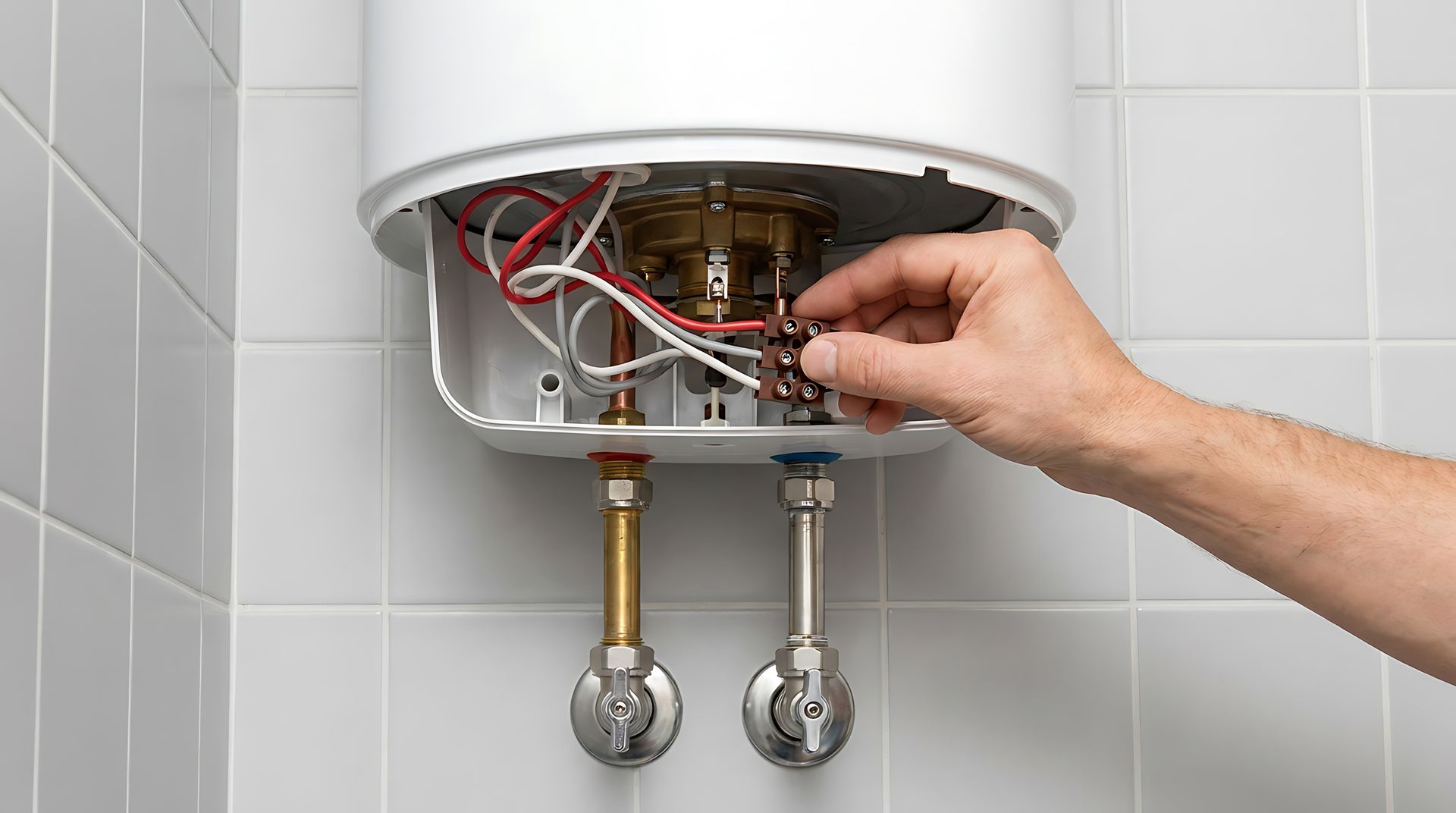 Hand opening a white water heater panel, exposing wires and plumbing pipes in a tiled bathroom.