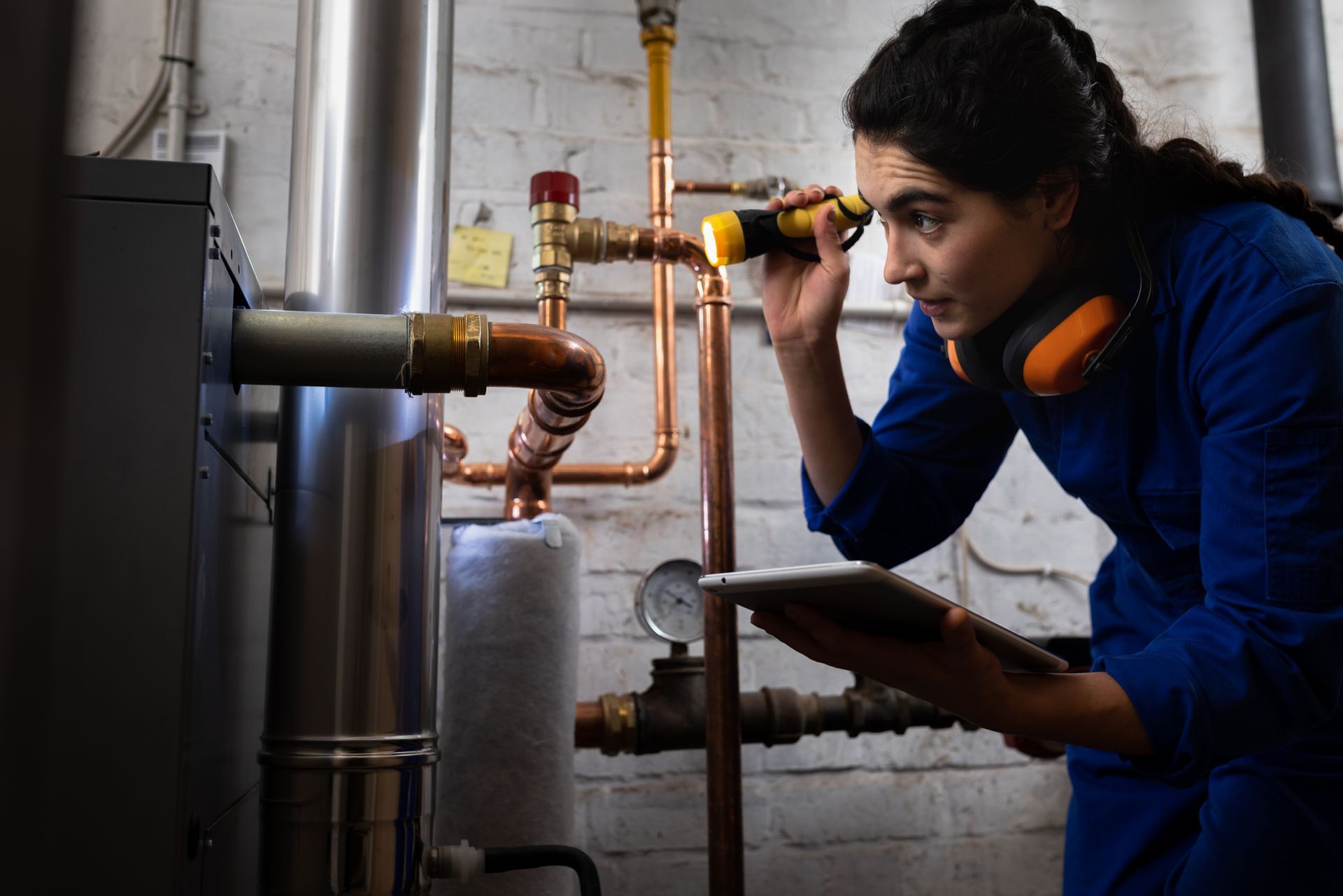 Engineer working on a hot water heater system repair
