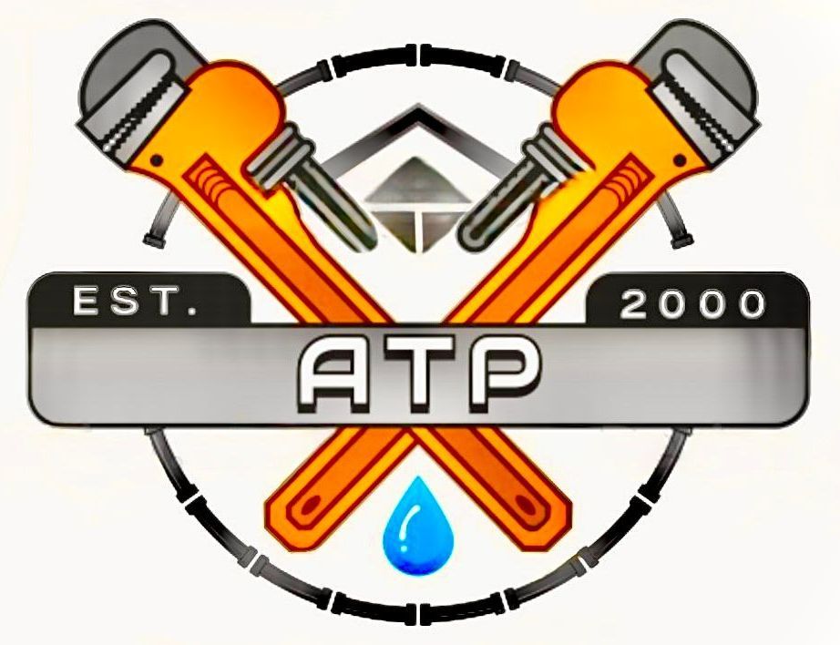 Logo for ATP, a plumbing service, featuring crossed orange wrenches, a water drop, and the initials 