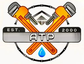 Logo for ATP, a plumbing service, featuring crossed orange wrenches, a water drop, and the initials 