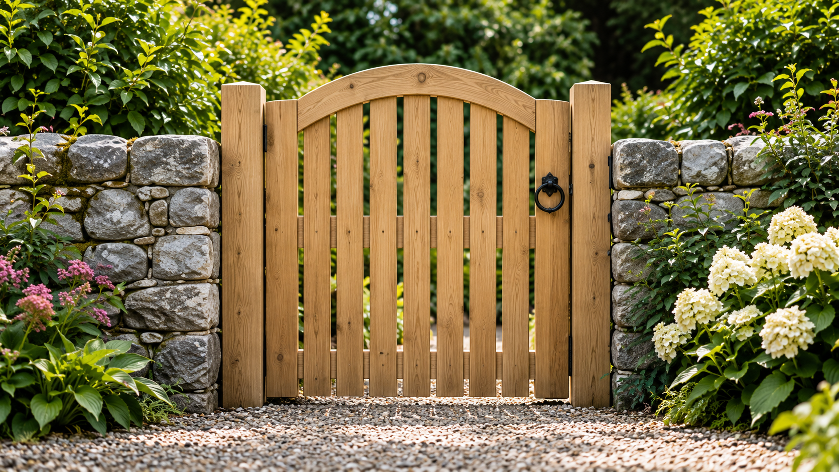 Garden gate design inspiration: arched timber gate in a stone wall