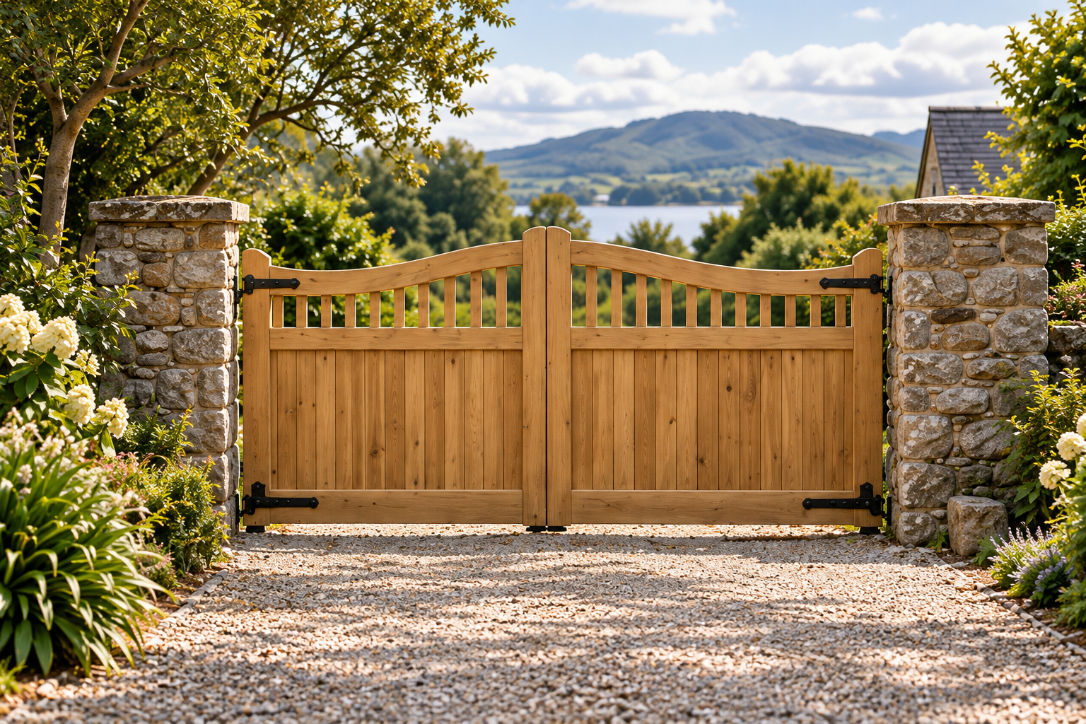 Illustration of curved wooden entrance gates between stone pillars
