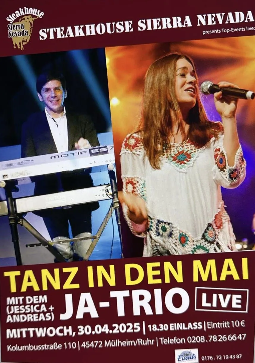 Plakat für „Tanz in den Mai“ im Steakhouse Sierra Nevada, mit einem Live-Auftritt von „JA-TRIO“.
