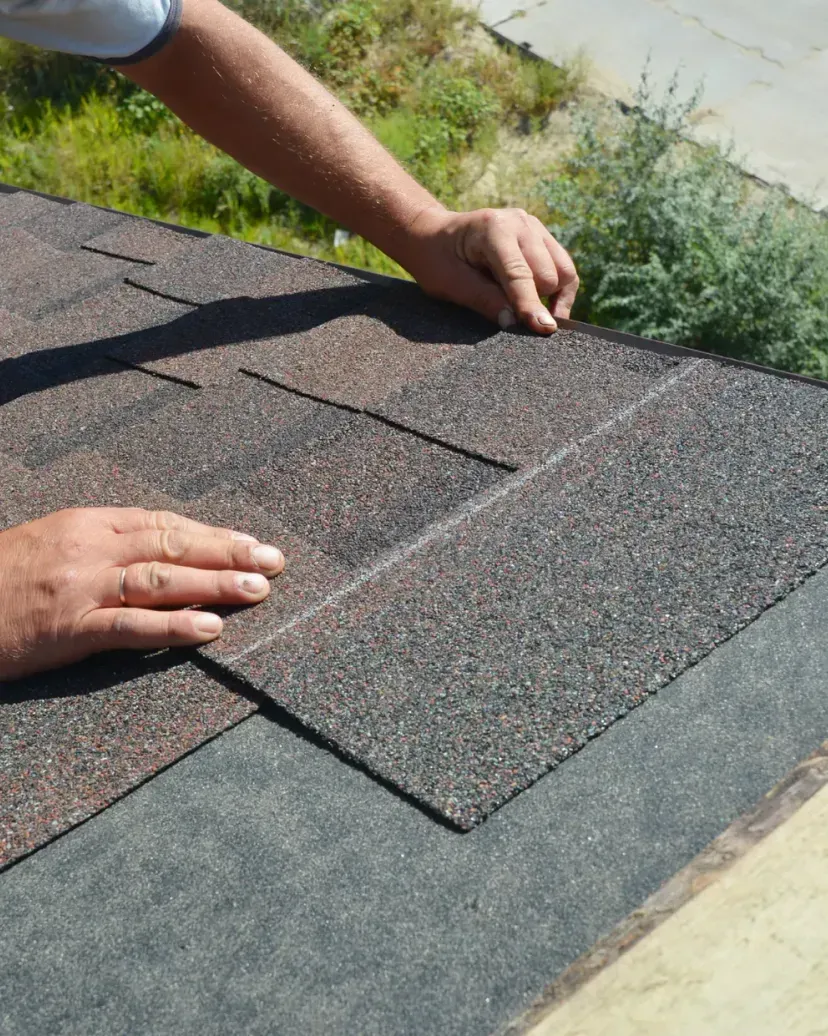Hands installing a dark-brown shingle on a roof.