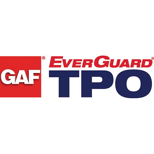 GAF EverGuard TPO logo: Red and white square with GAF, and blue 