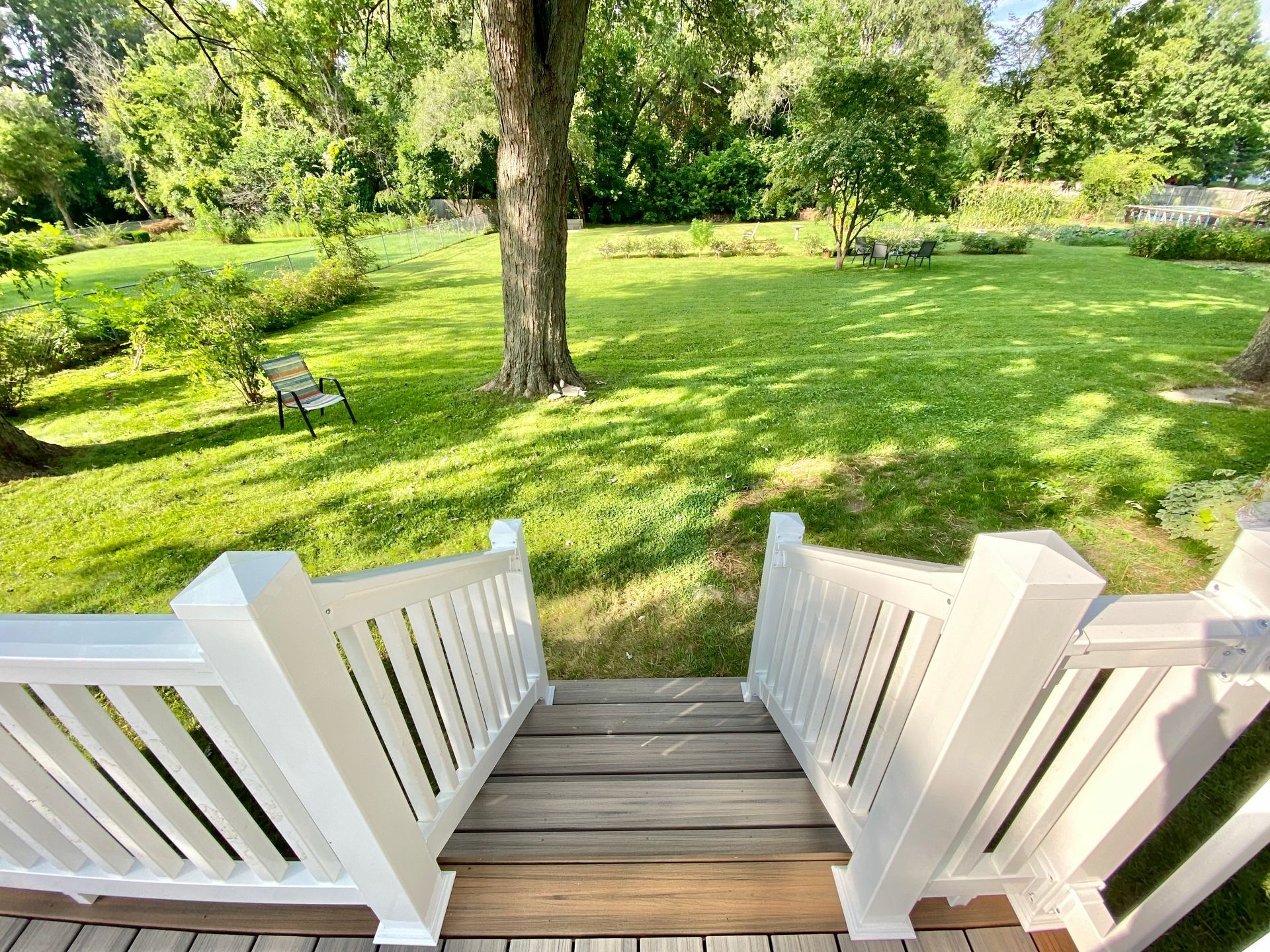 Wooden steps lead to a grassy yard with a tree and bench in bright sunlight.