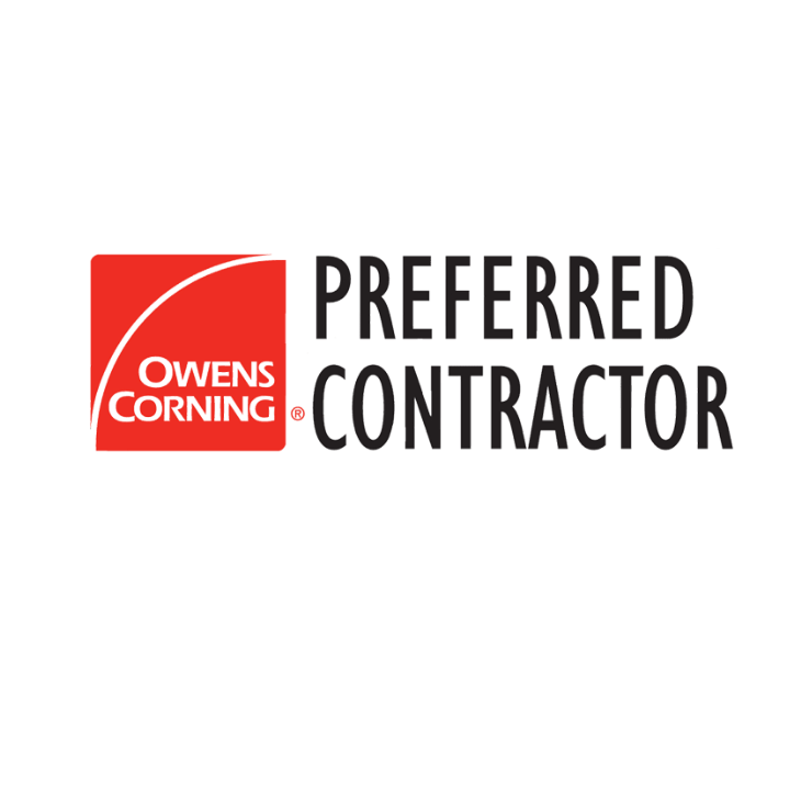 Owens Corning Preferred Contractor logo: Red square with white Owens Corning logo, black text 