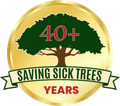 40+ years saving sick trees logo with green tree and gold circular badge