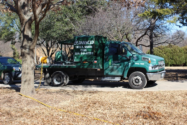 Green tow truck parked among trees on a dry roadside, with another vehicle partially visible behind it